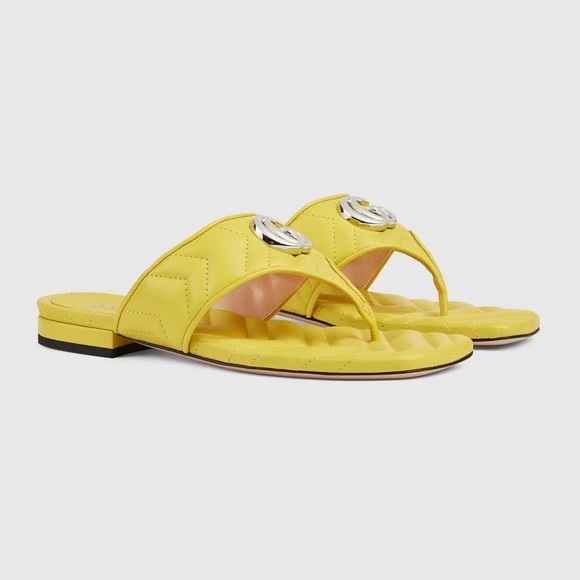 GUCCI GG Marmont Lime Yellow Flats Thong Sandals 37.5 - Picture 1 of 7